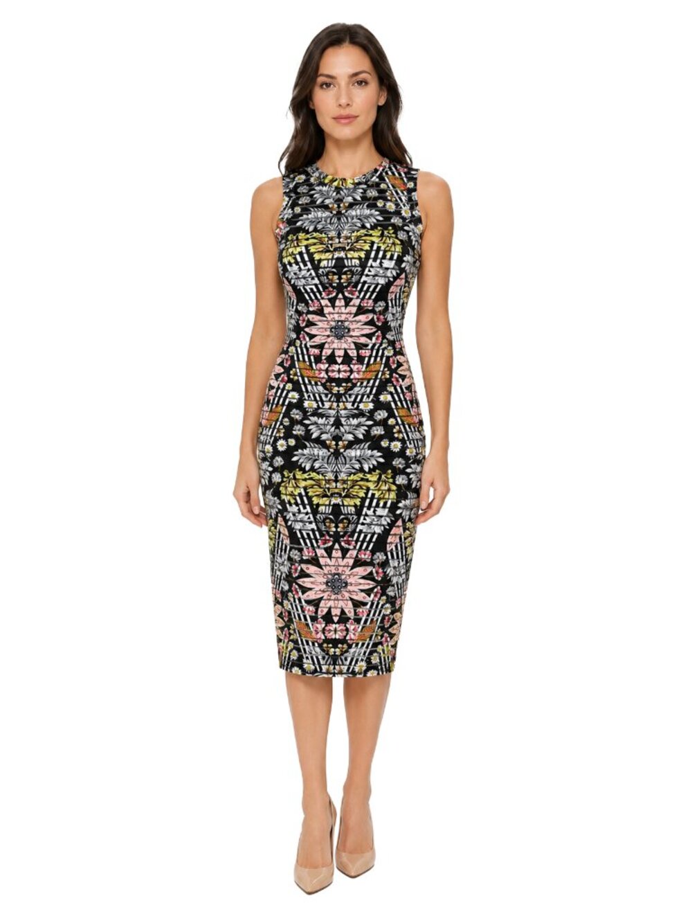 GUESS Floral Plaid Bodycon Midi Dress Size 0 NWT Sleeveless Fitted Chic